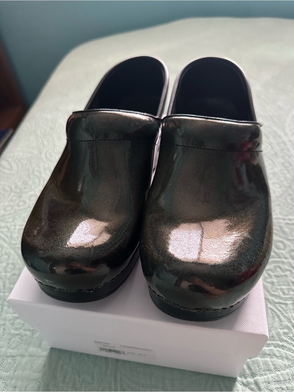 Dansko Holographic black Patent Clogs